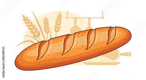 Warm and inviting illustration of a freshly baked French baguette with wheat stalks, representing an artisanal bakery or homemade bread.