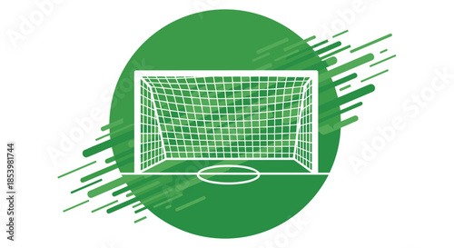 Dynamic vector icon of a soccer goal on a green circular background with motion lines, symbolizing scoring in a football or soccer match.