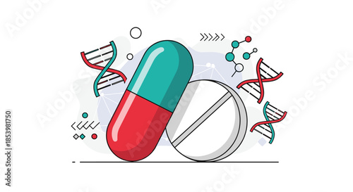 Medical and scientific concept illustration with a pill and capsule, surrounded by DNA helices and molecular structures for pharmacology.