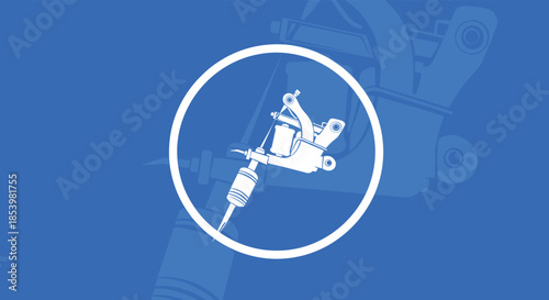 Clean and modern icon featuring a white silhouette of a tattoo machine inside a circle, set against a solid blue background design.