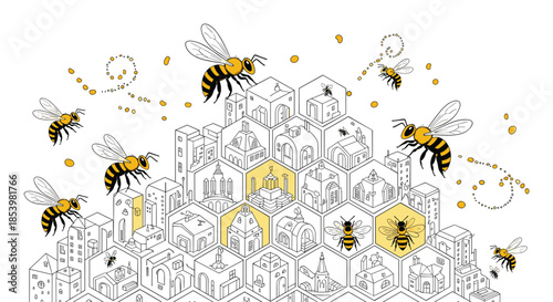 Creative ink drawing of a detailed city built inside a honeycomb structure, with bees flying around, symbolizing community and organization.