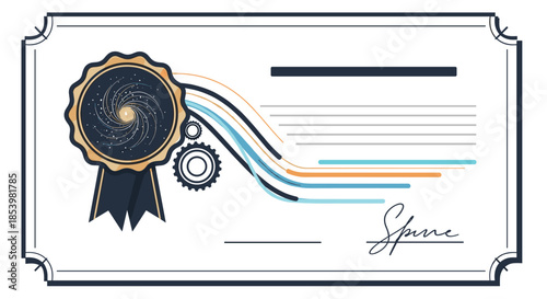 Modern and stylized certificate of achievement template with an ornate seal, abstract lines, and technology-themed elements like gears.