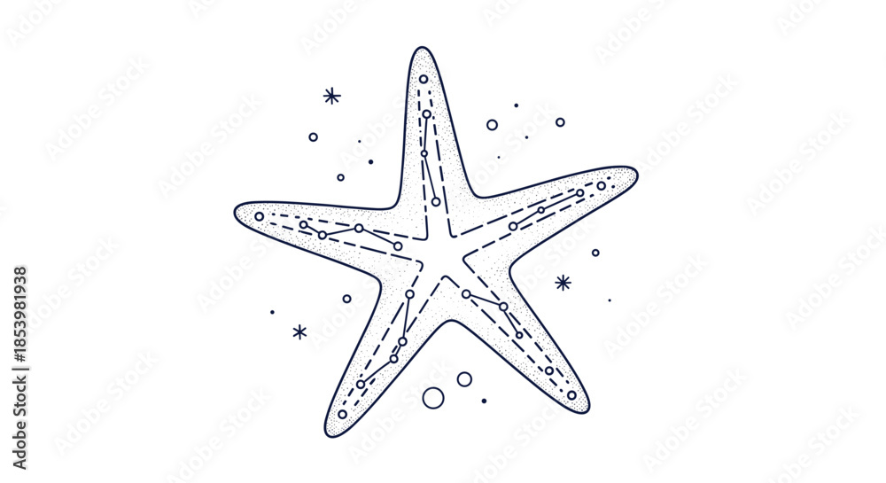 Fototapeta premium Unique dot-work illustration of a starfish with internal constellation lines, blending marine biology with celestial aesthetics.