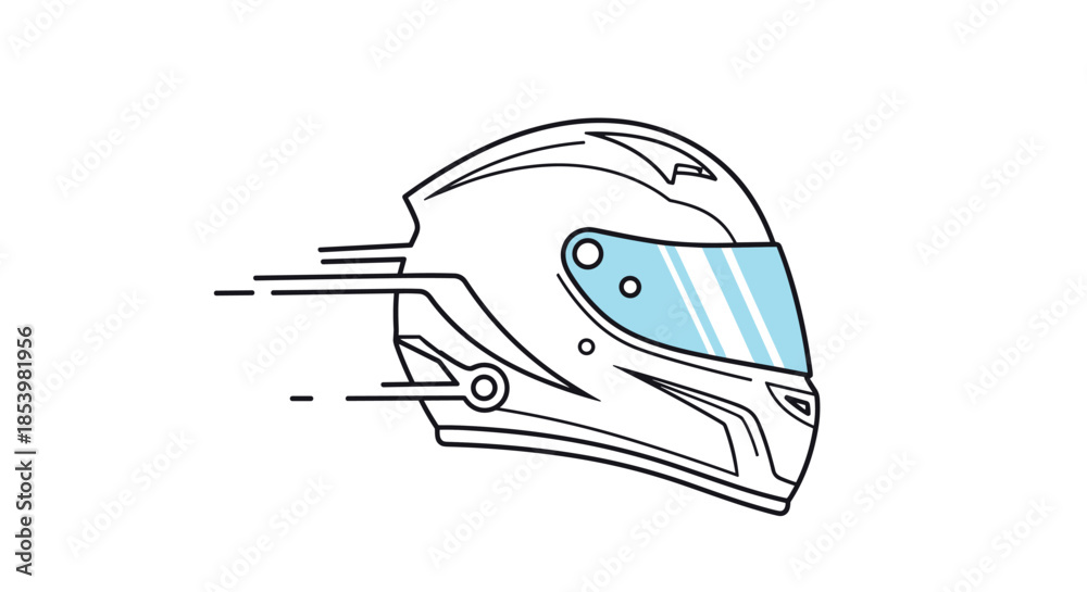 Fototapeta premium Minimalist line art illustration of a sleek racing helmet with motion lines, symbolizing speed, motorsports, and driver safety.