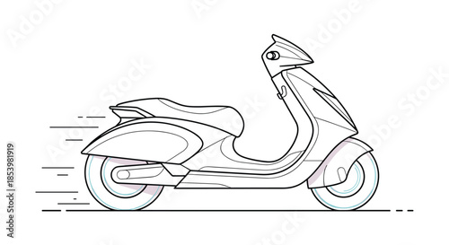Sleek, minimalist line art illustration of a modern motor scooter in motion, representing urban transportation and personal mobility.