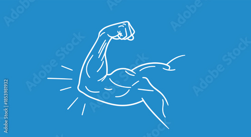 Simple white line art icon of a flexed bicep arm on a blue background, representing strength, power, fitness, and masculinity.