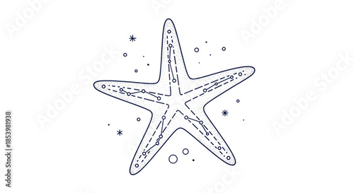 Unique dot-work illustration of a starfish with internal constellation lines, blending marine biology with celestial aesthetics.