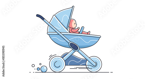 Cute colored line art illustration of a happy baby sitting in a moving blue stroller, representing modern parenthood and childcare.