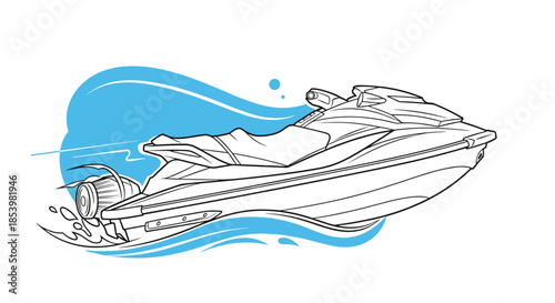 Dynamic line art illustration of a jet ski moving at high speed, creating waves, representing exhilarating summer water sports.