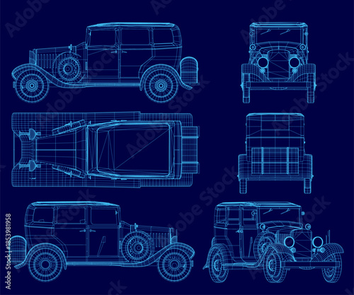 Vintage car blueprint on a blue background, featuring a detailed wireframe illustration of the retro automobile. The technical drawing highlights its classic shapes and mechanical features.