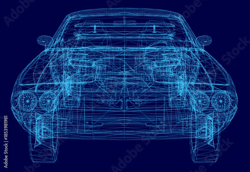 Vintage car wireframe blueprint in 3D, isolated on a solid blue background, showcasing detailed mechanical and structural design.