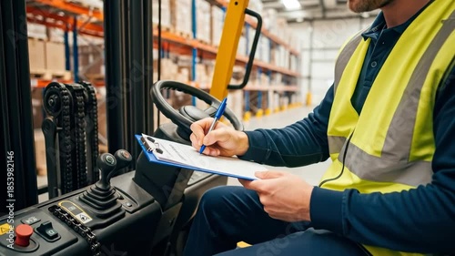 Man forklift operator in a warehouse checking inventory, writing on a clipboard, and working in logistics. Industrial stock management concept.