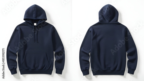 Navy blue hoodie with hood and long sleeves front and back view mockup