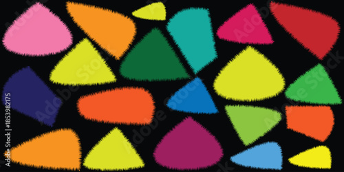 colorful fuzzy abstract shapes, vibrant furry geometric forms, multicolor abstract texture elements