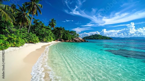 Idyllic Coastal Scene with White Sand Turquoise Water and Lush Green Palm Trees Under a Blue Sky