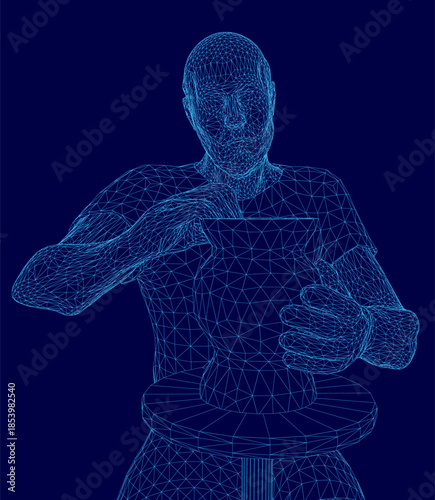 A male sculptor working on a digital wireframe model sits at a table with a coffee cup. The deep blue background creates a mysterious and captivating atmosphere.