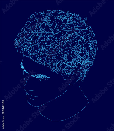 A blue male head wireframe with intricate contour lines and geometric shapes creates a modern fashion or hair design concept against a solid background.