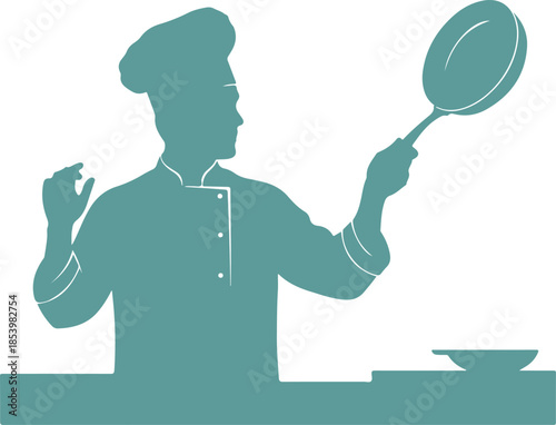 Silhouette of a chef cooking with a frying pan in a kitchen