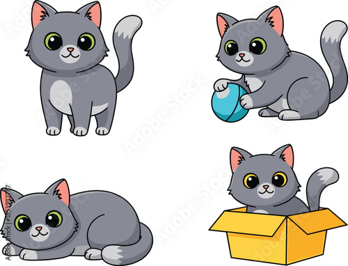 Set of cute grey kitten cartoon characters playing with ball and box, vector illustration isolated on white background for pet design