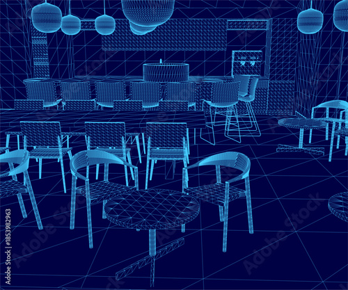 A 3D wireframe model of a restaurant interior, featuring the kitchen area, dining tables, chairs, and ceiling pendant lights.