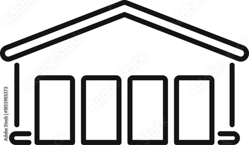 Simple black line drawing of a warehouse building showing storage space for goods, ideal for logistics and industrial concepts