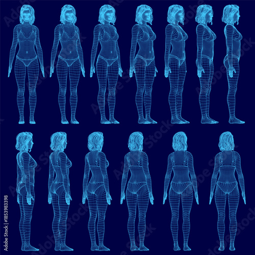 A 3D wireframe model of a girl in bra and panties stands in multiple poses against a blue background, showcasing detailed female anatomy.