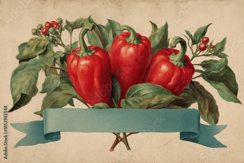 Vibrant Bell Peppers: A still life of three ripe red bell peppers, framed by lush green foliage and a delicate blue ribbon, evokes a sense of freshness and natural beauty.