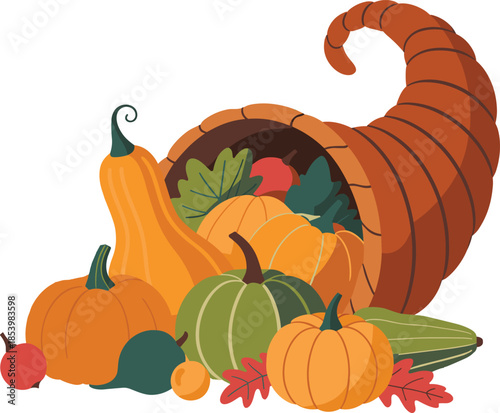 Abundant harvest cornucopia overflowing with vibrant pumpkins