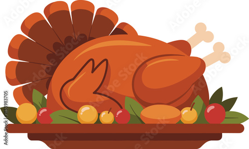 Delicious roasted turkey on a platter with fresh fruits and vegetables