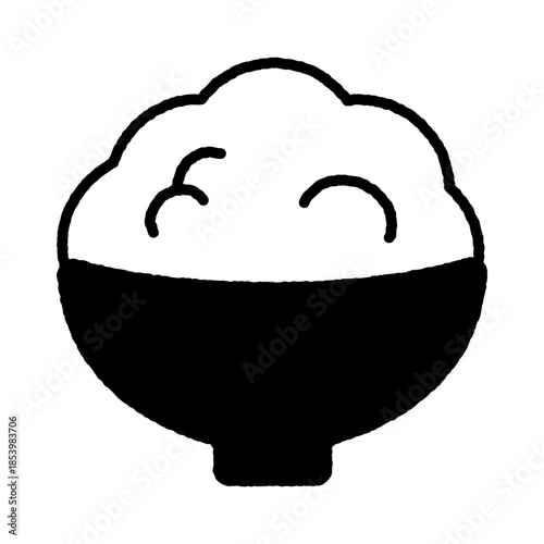 手描き風の茶碗に盛られた白ご飯イラスト・シンプル白黒デザイン