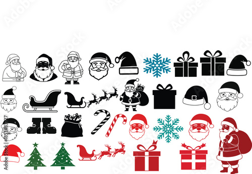 A collection of christmas icons and symbols in various colors and styles