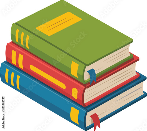 Stack of colorful books with bookmarks and yellow accents