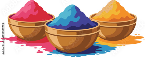Vibrant colored powders in wooden bowls for Holi festival