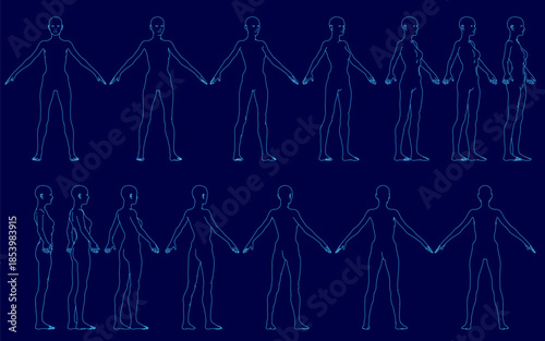 A set of slim female and male silhouettes holding hands against a solid blue background. The symmetrical contour arrangement creates a balanced and visually striking composition.