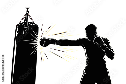 Monochrome graphic illustration of a boxer punching a heavy bag, in a gym setting