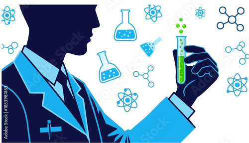Scientific researcher illustration featuring lab equipment on a bright backdrop, portraying chemical research and experiments