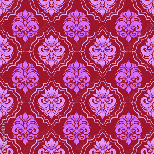 seamless damask pattern with pink and purple  abstract flower and red background, vintage, vector illustration elegant for textile, wall paper, bedding, curtains, rug, cushion cover, upholstery fabric