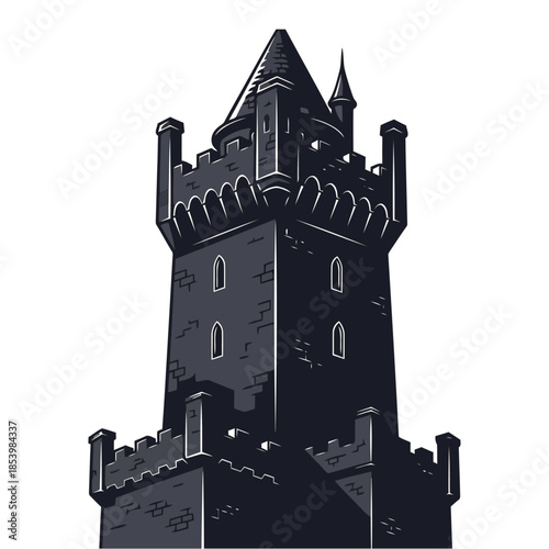 Dramatic monochrome illustration of a dark, towering castle turret against an isolated white background, conveying gothic and medieval architecture