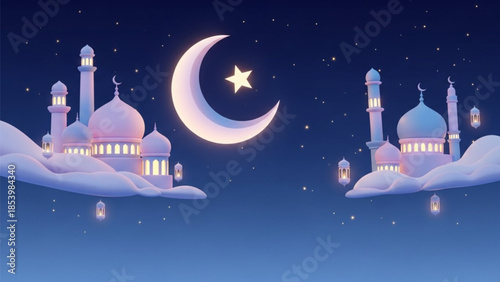 Isra and Mi'raj Holy Night, Luminous Mosque Domes, Starry Sky, Crescent Moon, Lantern Light, Calm Spiritual Night, 3D Vector Illustration, Minimal Background