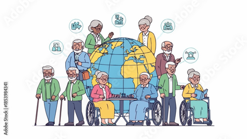 Diverse group of elderly people gathered around a globe representing global community.