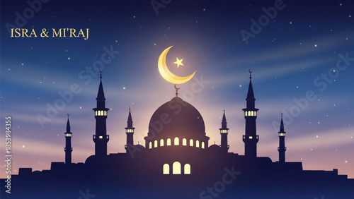 Isra and Mi'raj Celebration, Masjid Al-Aqsa Silhouette, Golden Crescent Moon, Ramadan Night Sky, Spiritual Islamic Art, 3D Vector Illustration, Minimal Background, Premium Islamic Design