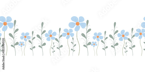 Blue flower border, seamless border. Floral border repeat, blue bloom strip. Cute floral border tile, decorative