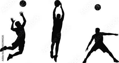 Professional Basketball Player Silhouette Set Featuring Athletes Jumping, Shooting, and Dribbling During an Intense Game