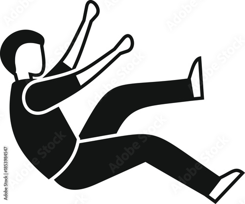 Simple black and white icon of a man falling down with outstretched arms and legs