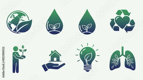 Collection of Eco-Friendly Icons Representing Nature and Sustainability.