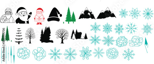 Winter wonderland scene with snowflakes trees and santa claus silhouettes