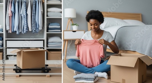 Woman Unpacking Clothes from Moving Boxes.