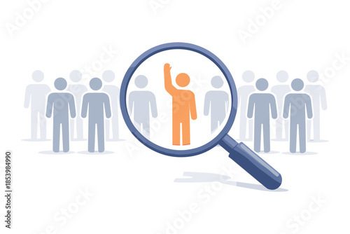 Recruitment concept with magnifying glass selecting candidate from crowd