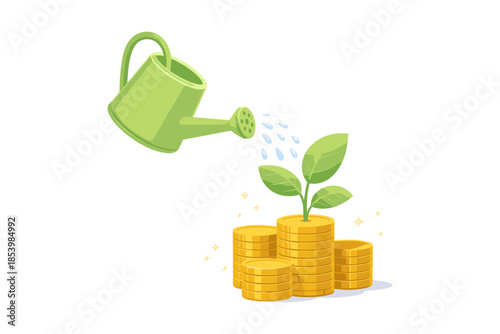 Investment growth concept with watering can nurturing plant on coins