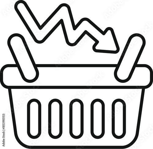 Shopping basket with downward trending arrow representing declining sales, economic downturn, and consumer behavior changes